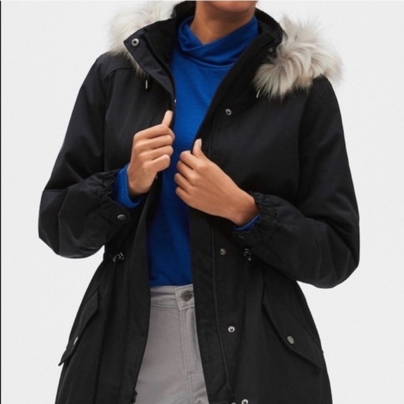 Banana Republic Water Resistant Black Hooded Parka Coat size XS Sherpa lining - Picture 2 of 13